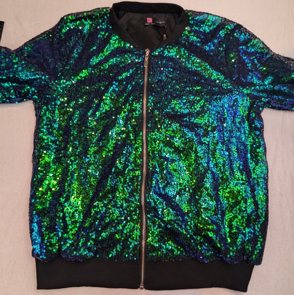 Kancy Kole New With Tags Stunning Green and Blue Sequin Front Zip Jacket Medium